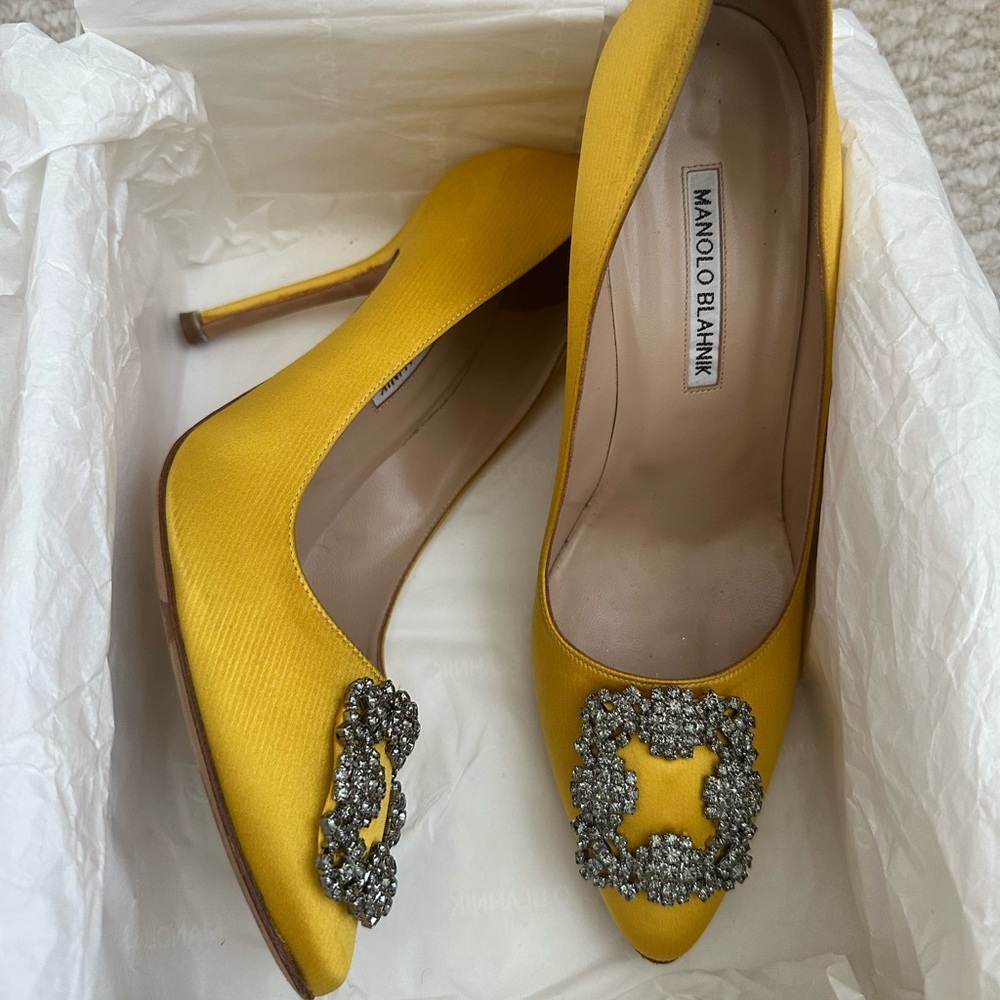 Manolo Blahnik Yellow Crystal Buckle Heels
